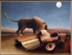 sleeping woman with lion and moon